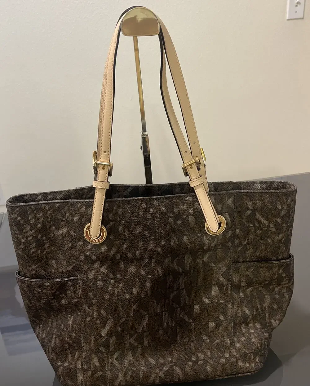 Michael Kors Jet Set MK Logo Brown Leather Tote Bag Purse